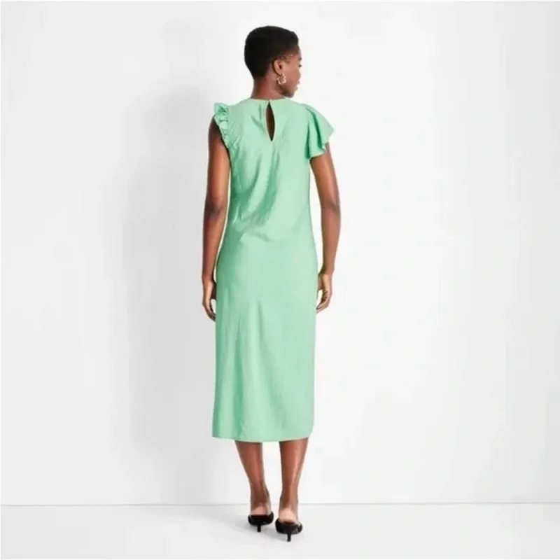 Future Collective NWT Women's Flutter Asymmetrical Ruffle Midi Dress Green S - Image 4