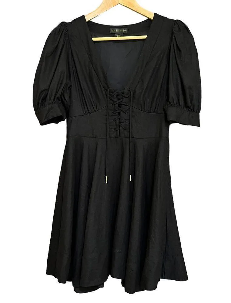 1960 Black Linen Blend Lace-Up Bodice Peasant Mini Dress Size 6 - Image 10
