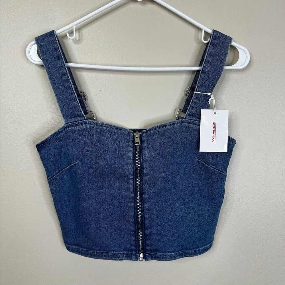 NEW Good American Crop Top Womens Size 2/Med Blue Denim Zip Front - Image 2