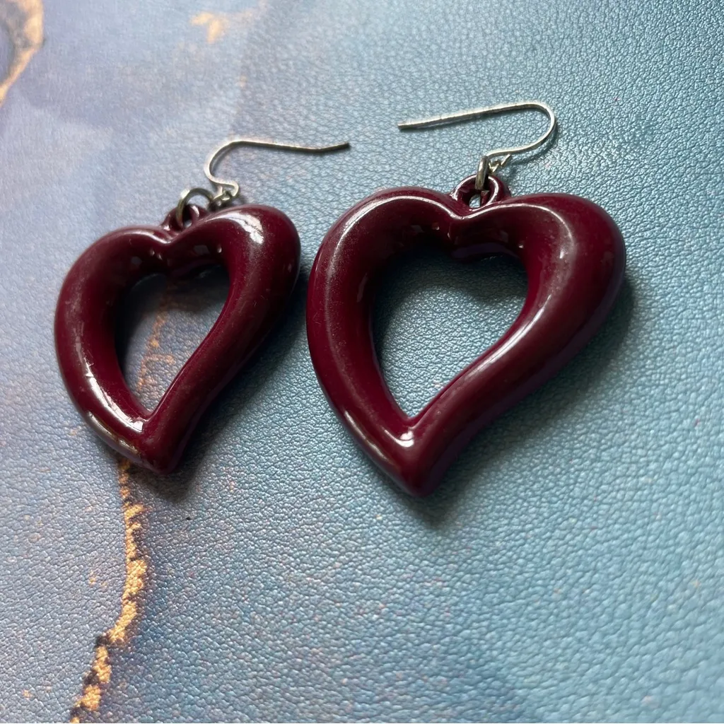 Retro Heart Shaped Earrings Burgundy‎ Red Mod Dangle Y2K 90s Vintage Jewelry Purple - Image 4
