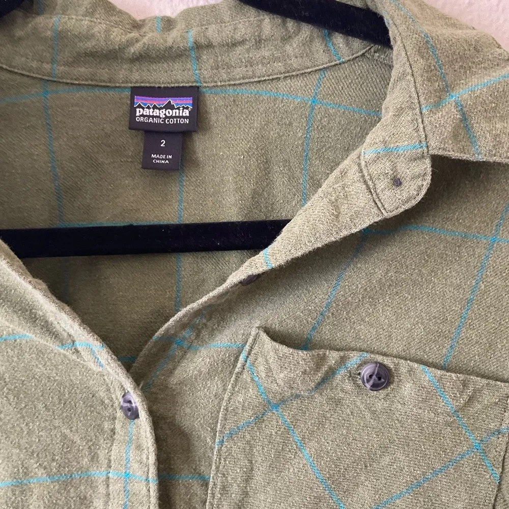 Women's Long-Sleeved Organic Cotton Midweight Flannel Shirt Green Blue - Image 5