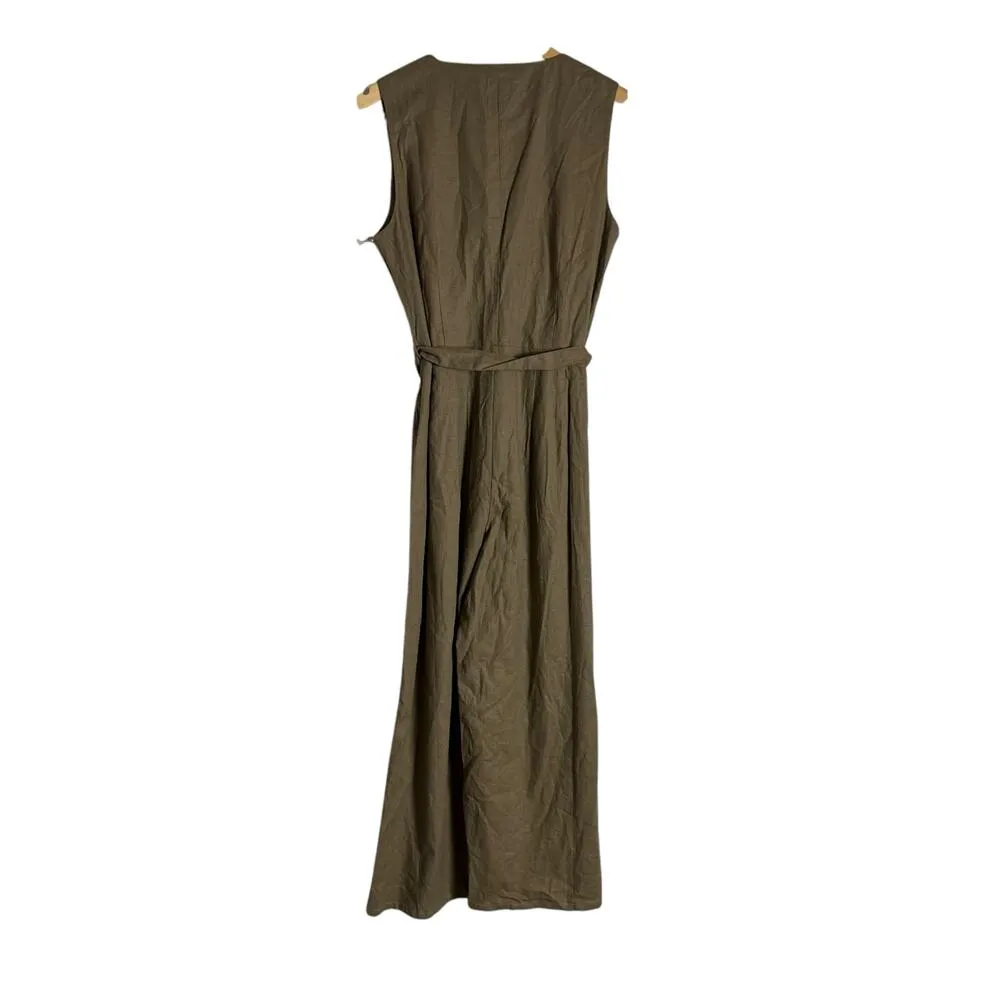 Tahari Olive Green Linen Blend Sleeveless V-Neck Belted Tie Waist Jumpsuit 4 - Image 9