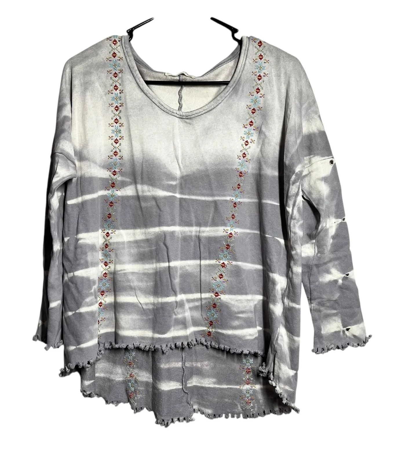 Altar State Tie Dye Embroidered Distressed Sleeve Pullover Top One Size Gray Size undefined - Image 1