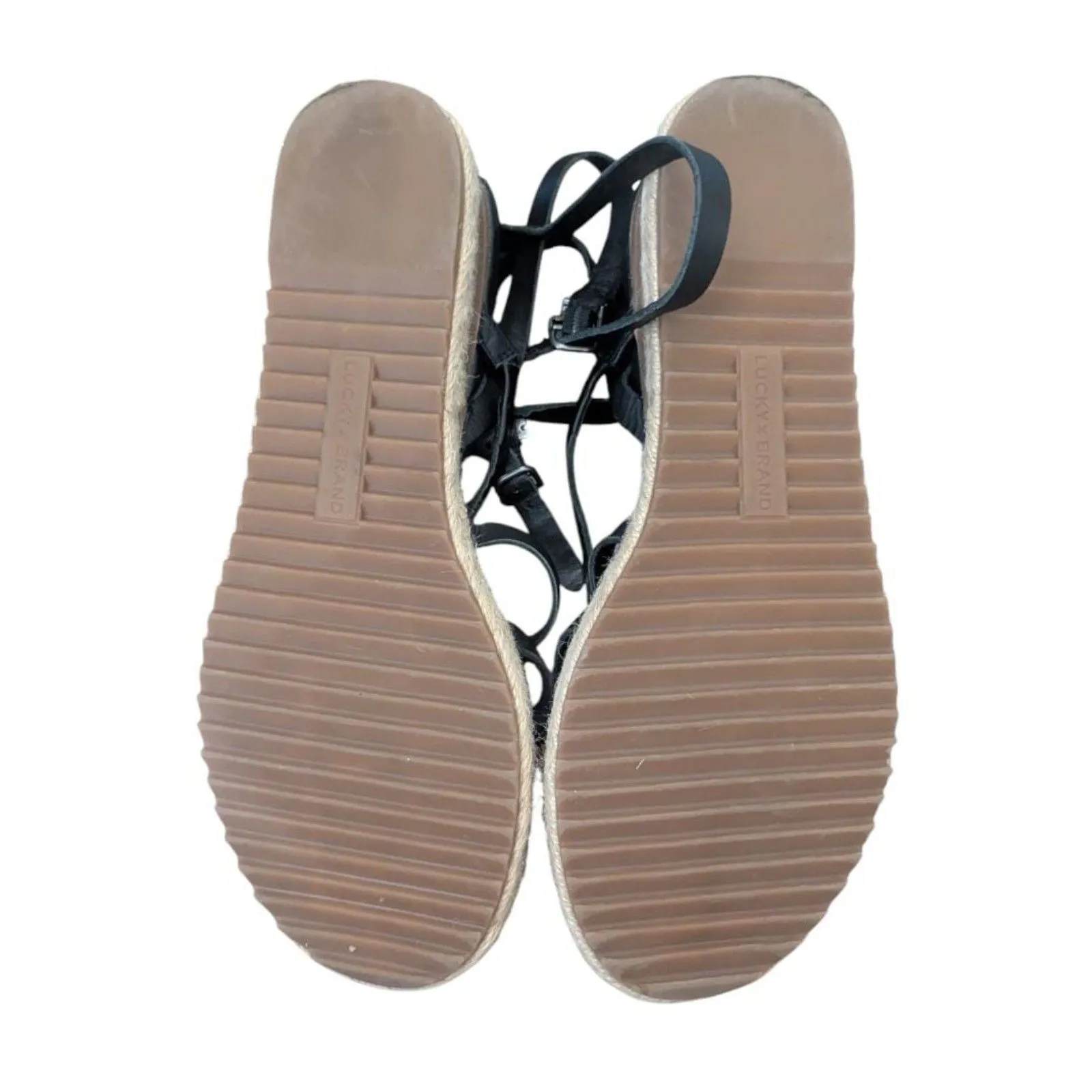 Lucky Brand Nemelli Black Leather Espadrille Sandals Gladiator Strappy Wedge - Image 6