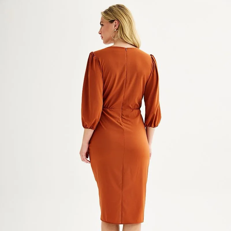 Maison Tara Rust Satin Ruched Midi Dress Size 4 Puff Sleeve Wrap Cocktail Orange - Image 10