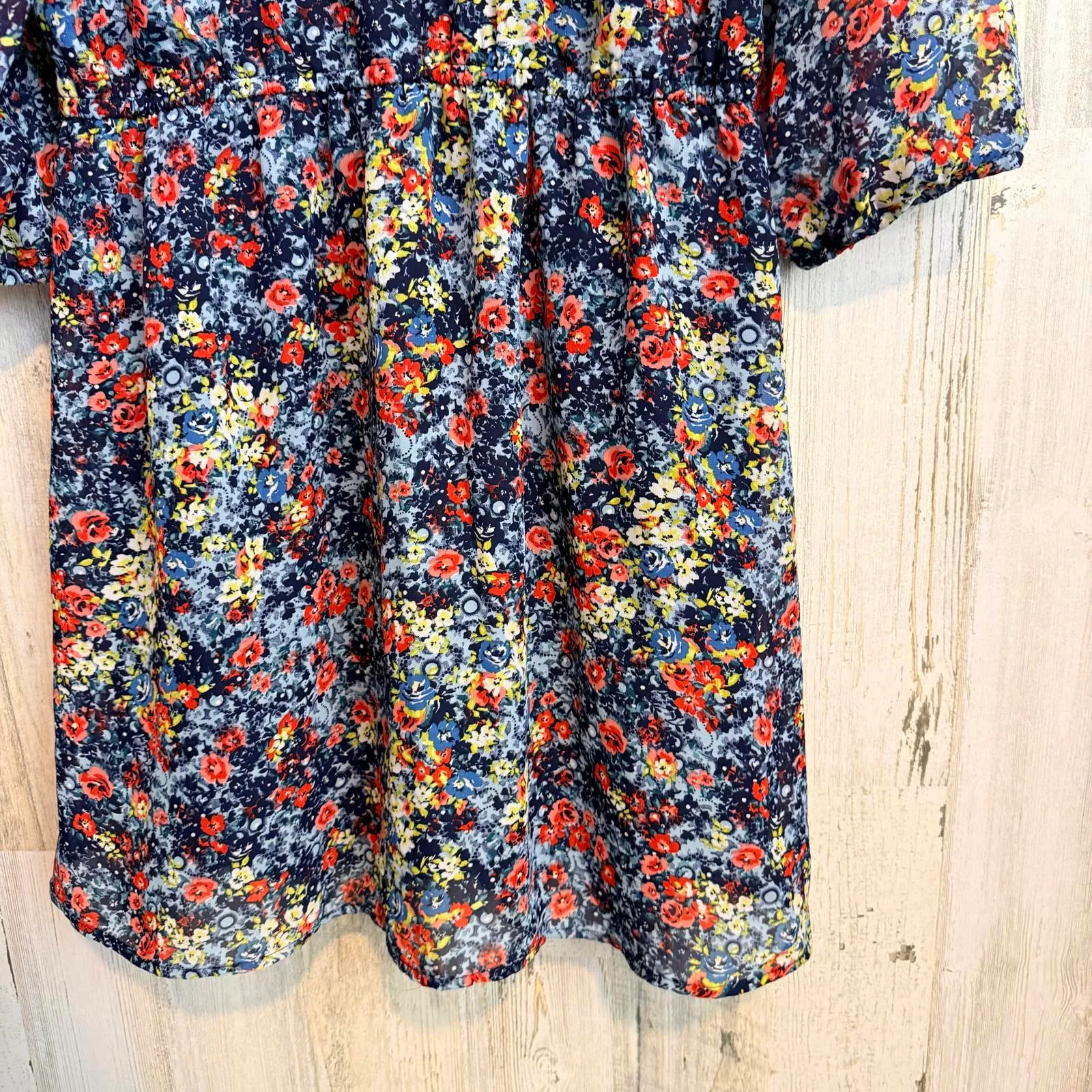 BeBop Women's XL Floral V-Neck Dress Navy Red Yellow 3/4 Sleeve Boho Fit & Flare - Image 15