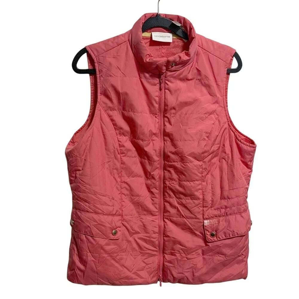 Liz Claiborne Womens Quilted Puffer Vest Coral Pink Snap Button Pockets Size M - Image 2
