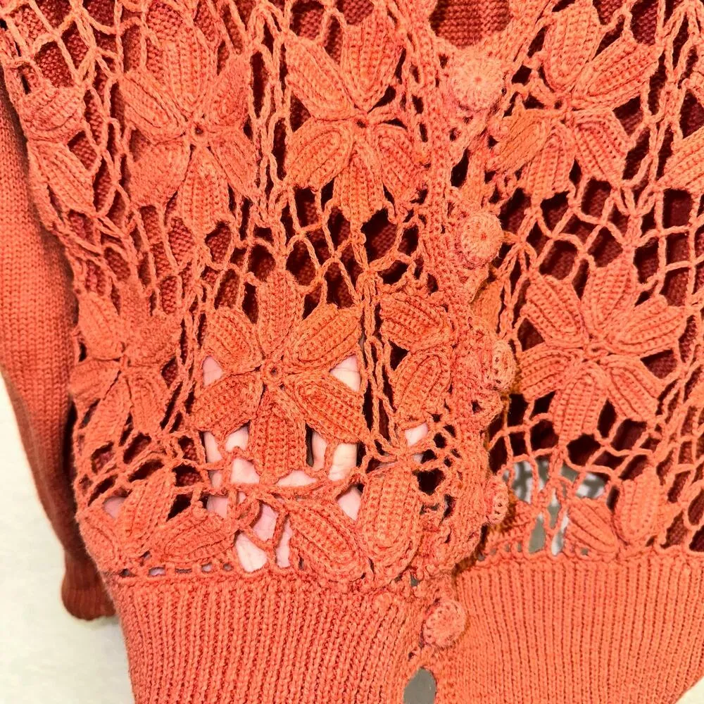 OBR Orange Rust Open Crochet Front Button Down Cardigan Size M - Image 3
