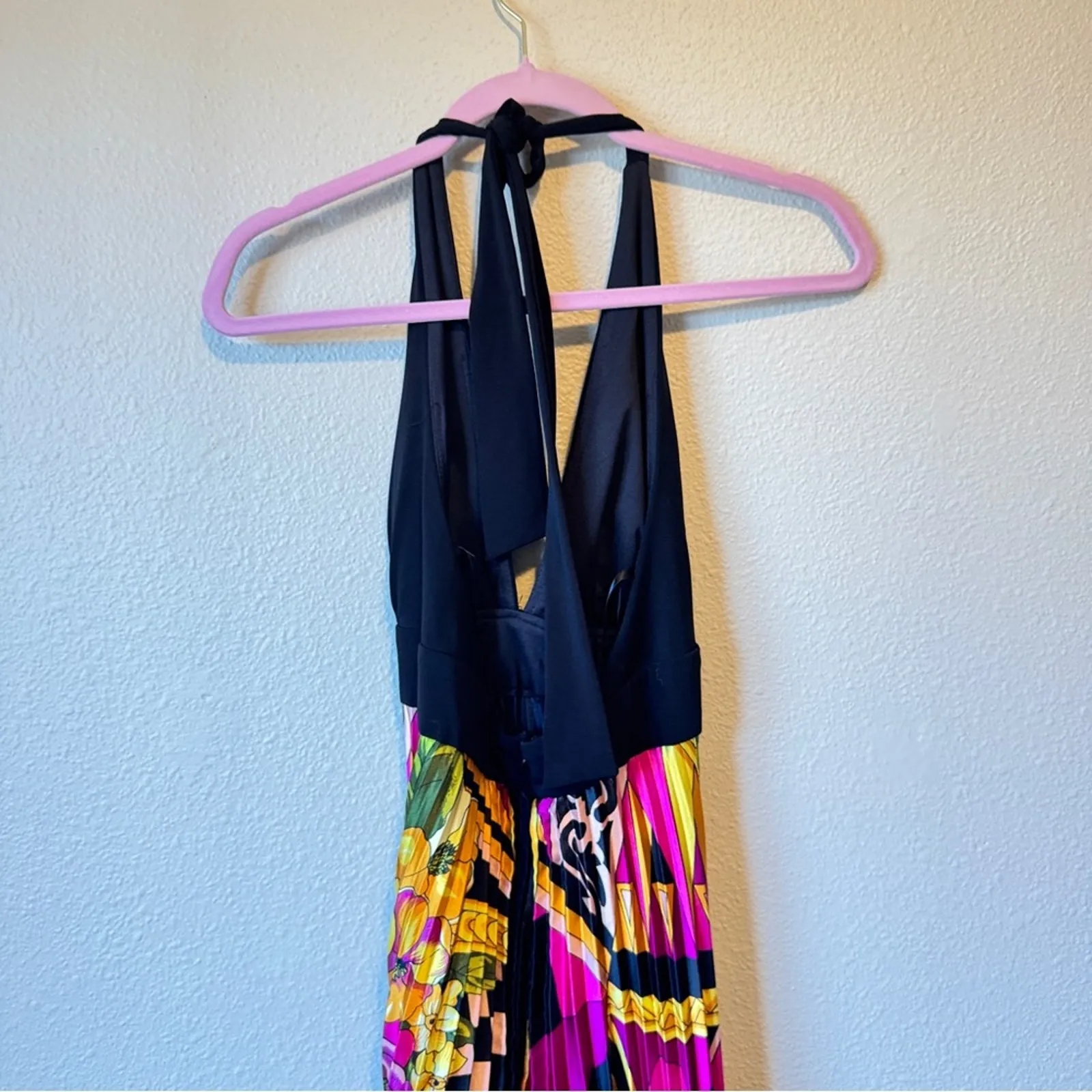 Cache Vintage Y2K Halter Maxi Dress Womens 2 Silk Pleated Mixed Print Rivera - Image 8