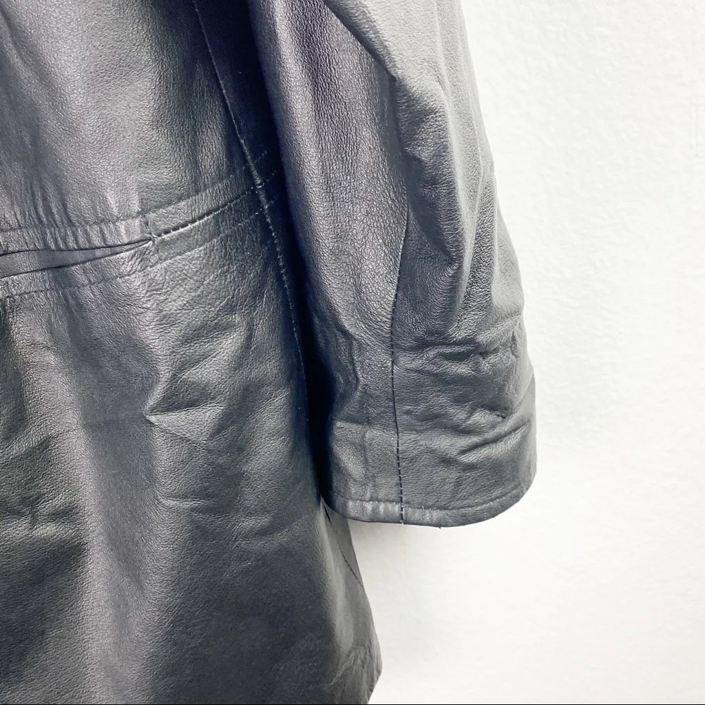 COMINT Black 100% Genuine Leather Lined Trench Coat, Size Large - Image 6