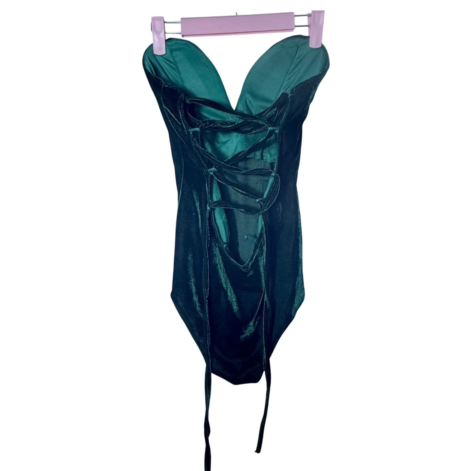 NWT Velvet Sweetheart Neck Strapless Bodysuit Bustier Top Cross Back Small Green - Image 7
