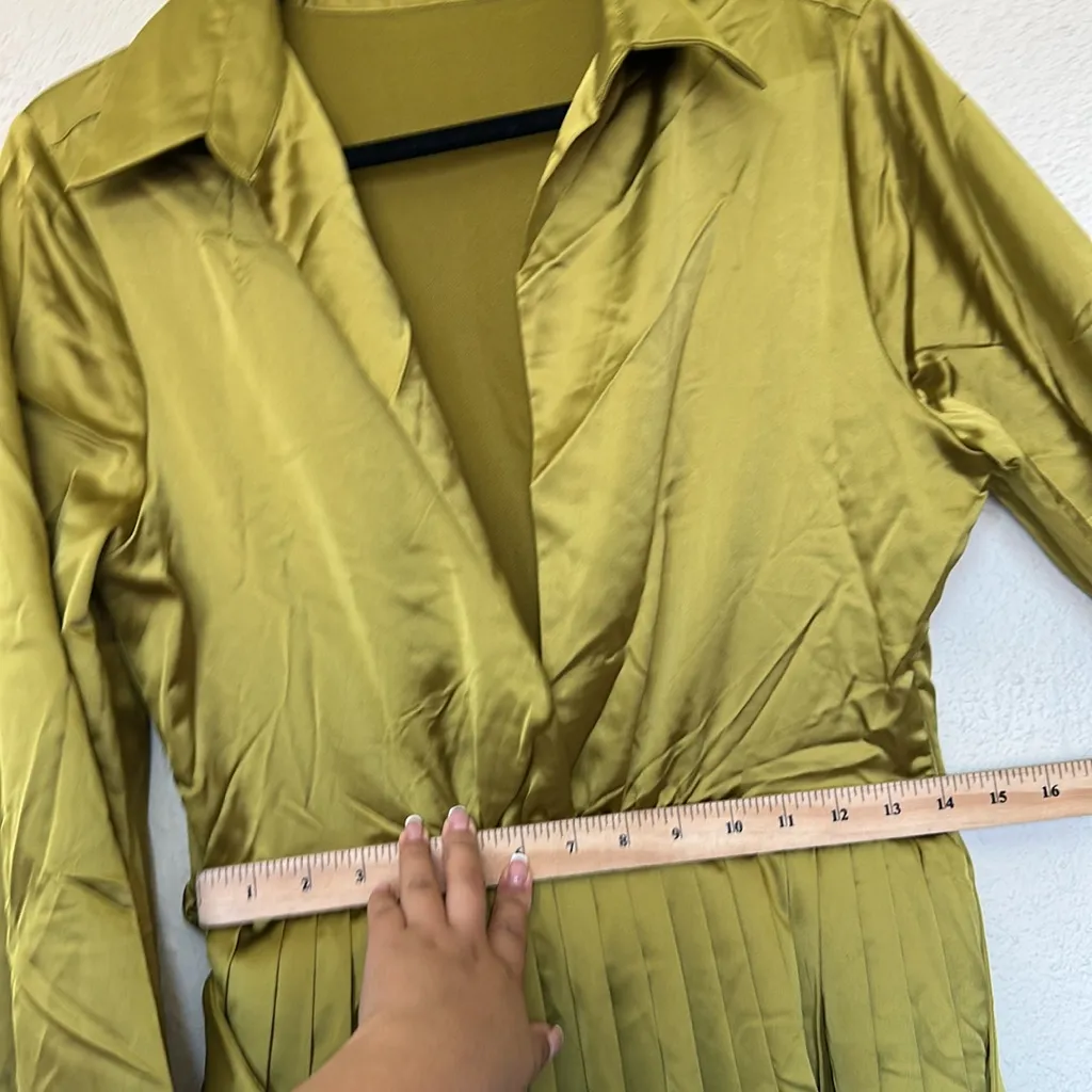 HOUSE OF CB 'Allegra' Chartreuse Pleated Shirt‎ Dress NWOT size L Tall - Image 10