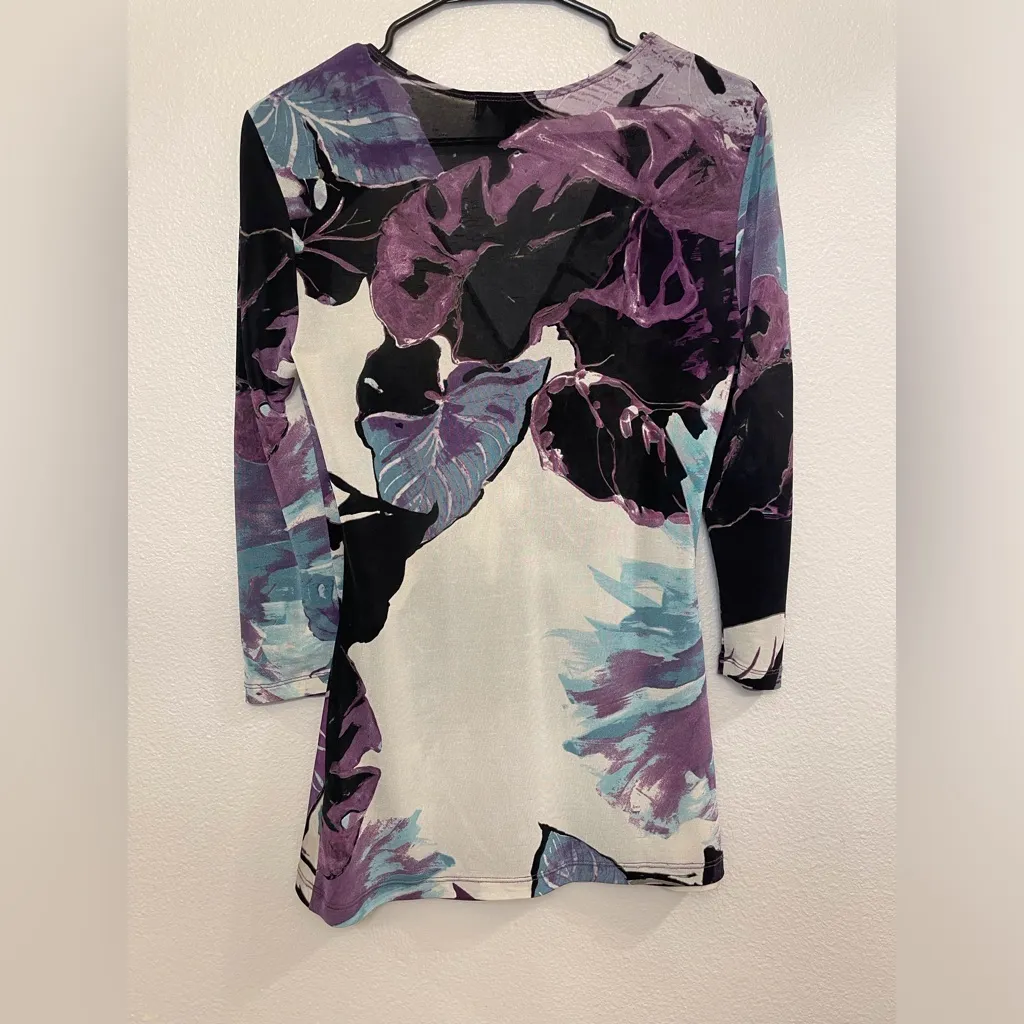 Vintage Karen Kane‎ Women’s Y2K Purple White and Black Floral Print Top Size M - Image 5