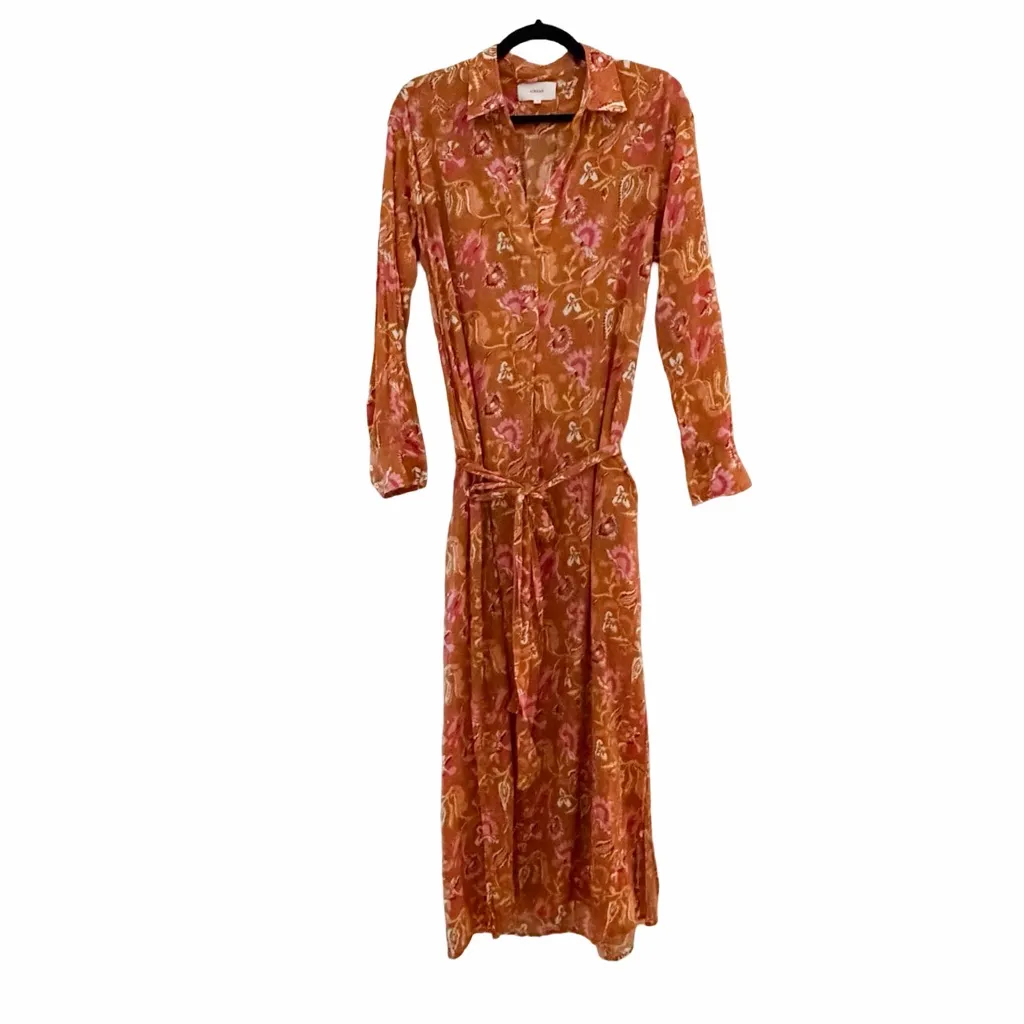 XIRENA Brown Yellow Floral Fall Long Sleeve Button Down Maxi Dress Sz M Orange Size M - Image 4