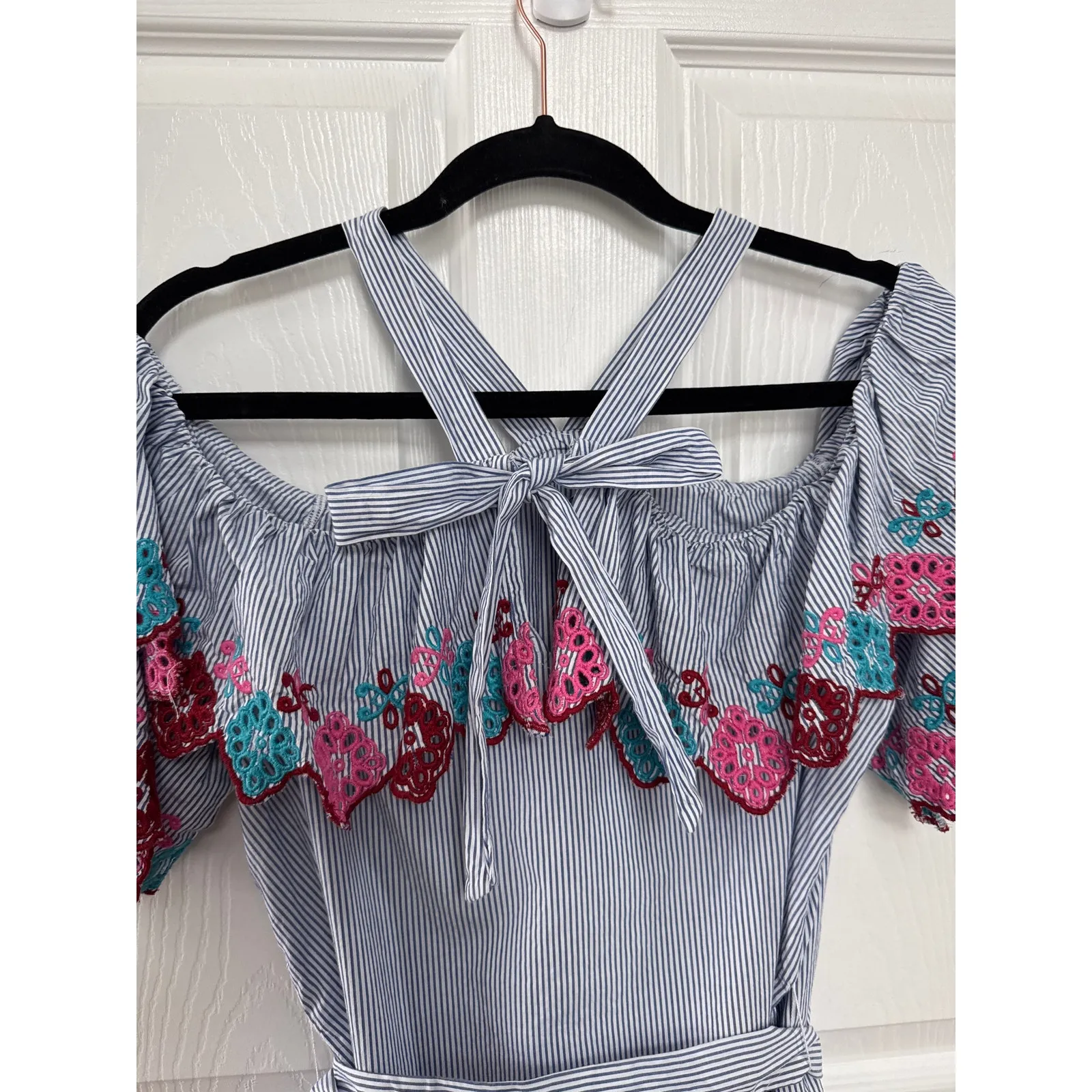 Loft ruffled embroidery off shoulder blue white stiped fiesta halter dress small - Image 11