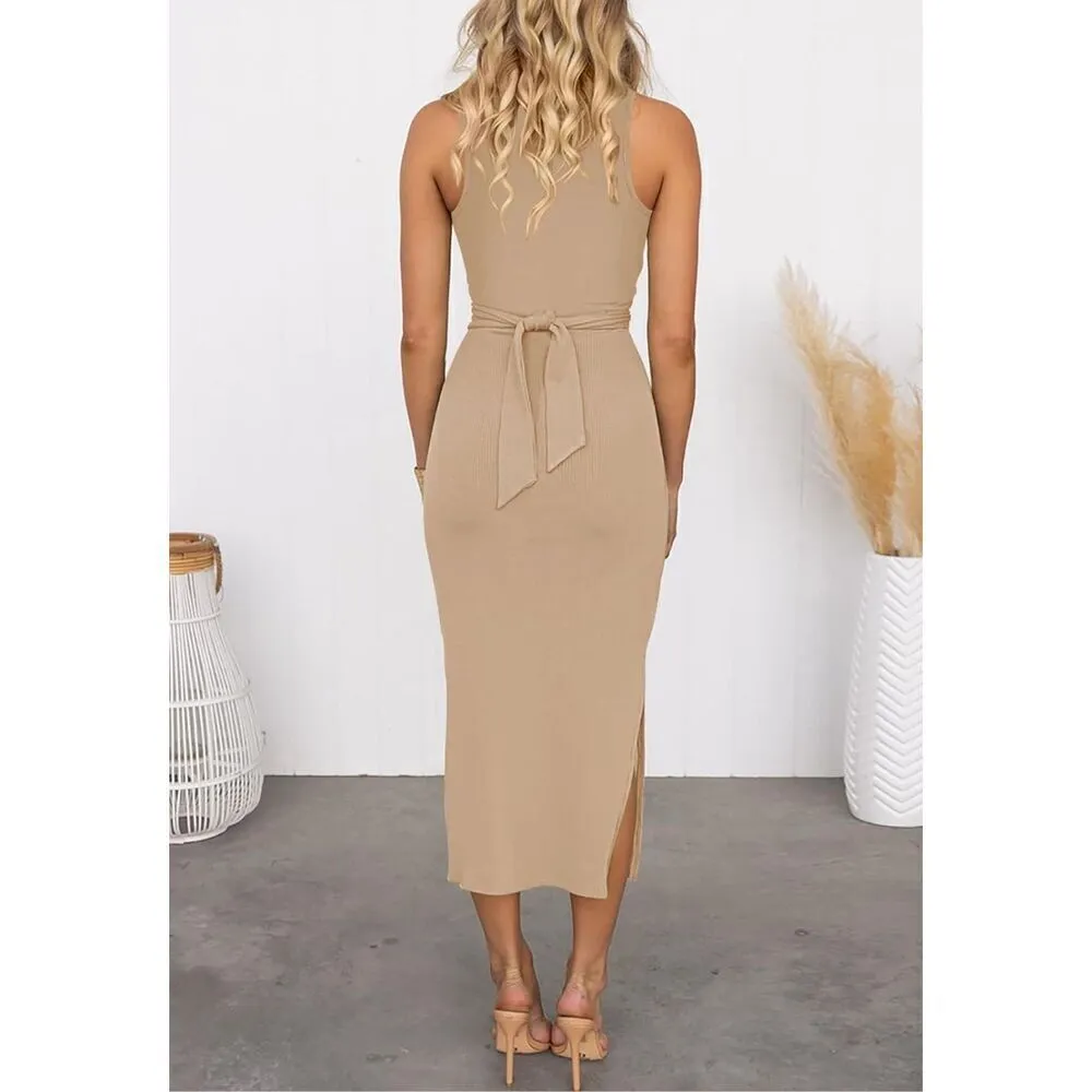 NEW Ribbed Sleeveless Crosscriss Cutout Ruched Bodycon Midi Dress Slit XL Tan - Image 5