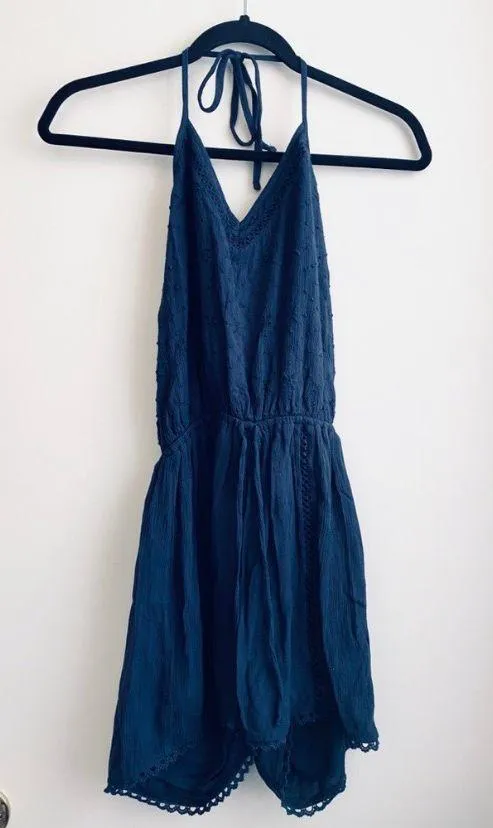 Navy Blue Eyelet Halter Romper - Image 2