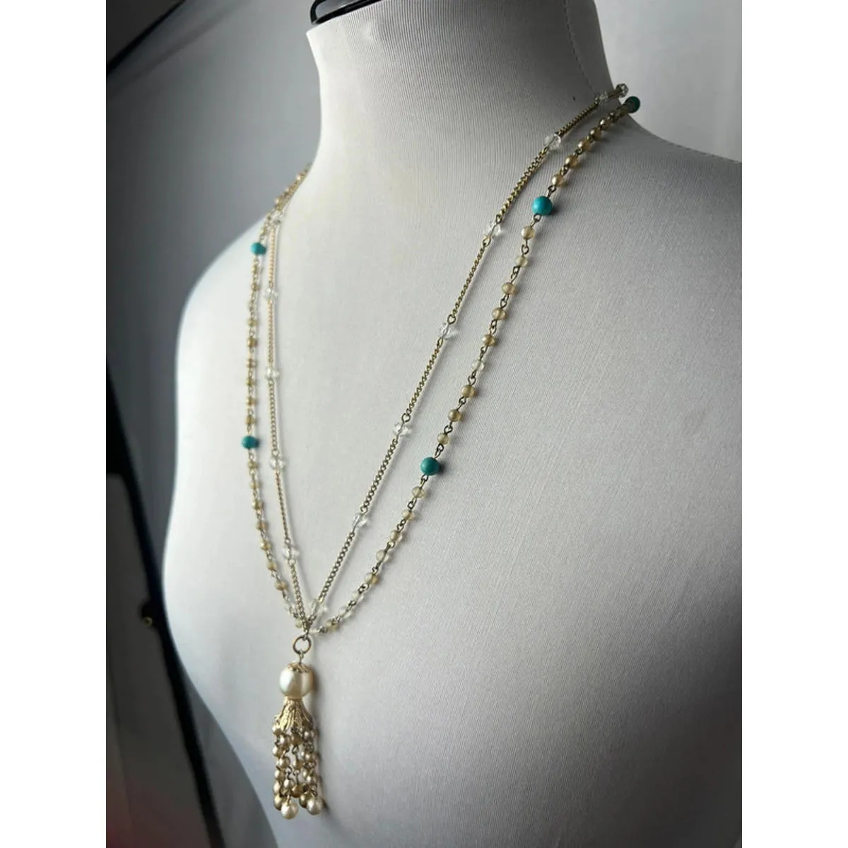 vintage gold chain double layered beaded pendant chain Lariat necklace Blue - Image 5