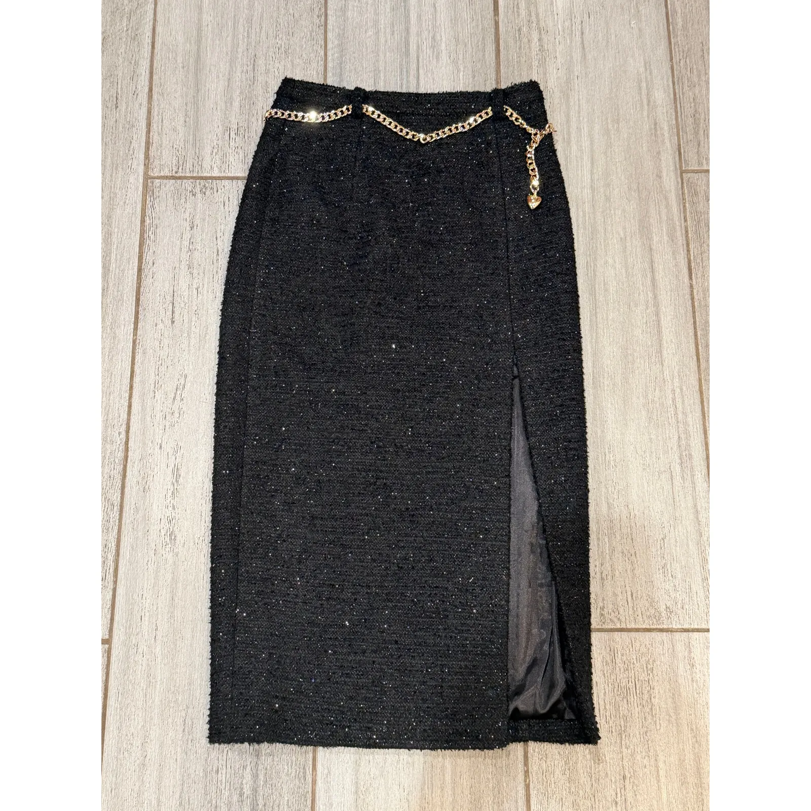 Generation Love Kiva Tweed  Chain Belt Midi Skirt Womens 2/XS Black - Image 5