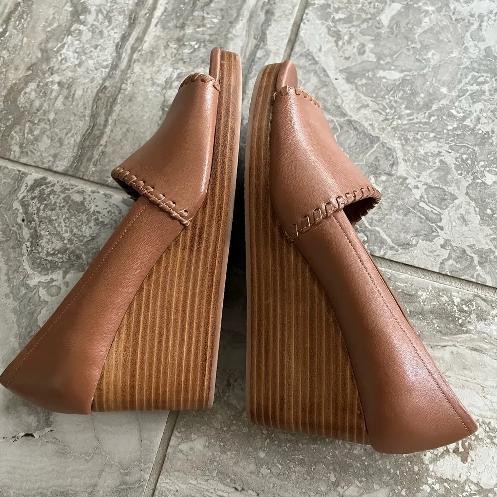 Leather Wedge Sandals Palmer Whipstitch Trim Brown Size 9M New - Image 4