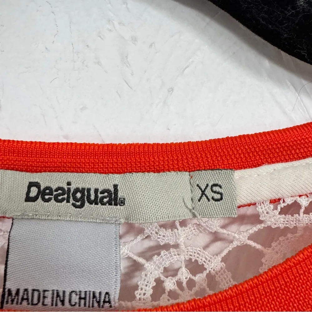 Desigual Cream Orange Striped Floral Crochet Tank Womens XS Boho Beachy Blouse - Image 2