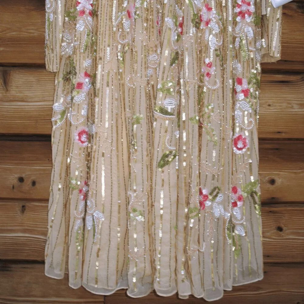 NWT Mac Duggal Floral Tea Length Dress Sequin Beaded Gold Size 14 - Image 9