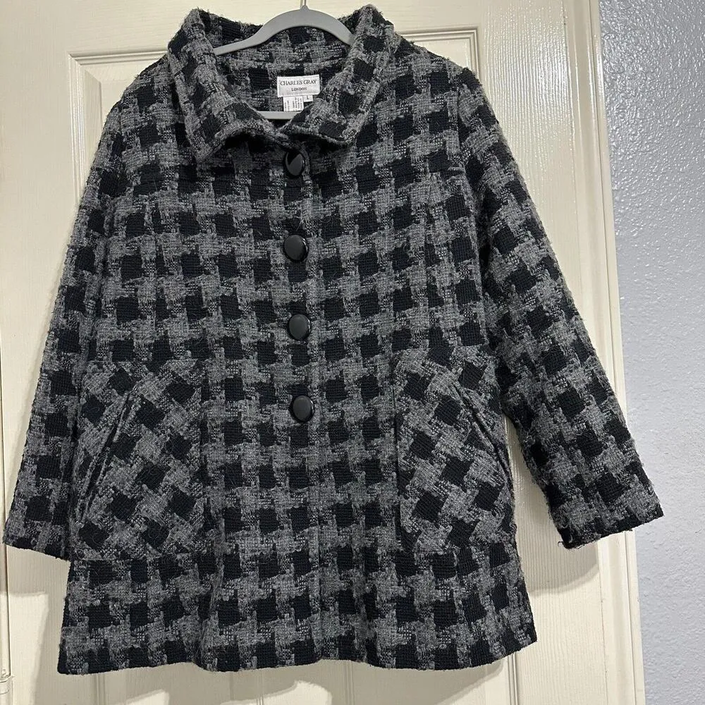 Charles Gray London Women's Belted Black/Gray Houndstooth Coat Sz L Large Jacket - Image 4