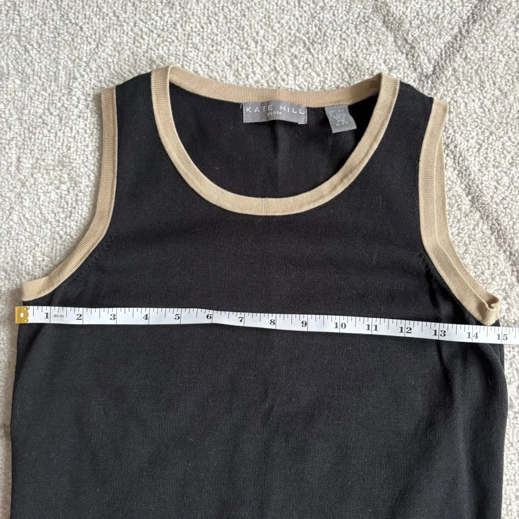 Kate Hill Silk & Cotton Tank Top Black with Tan Contrast Trim Sleeveless Knit - Image 3
