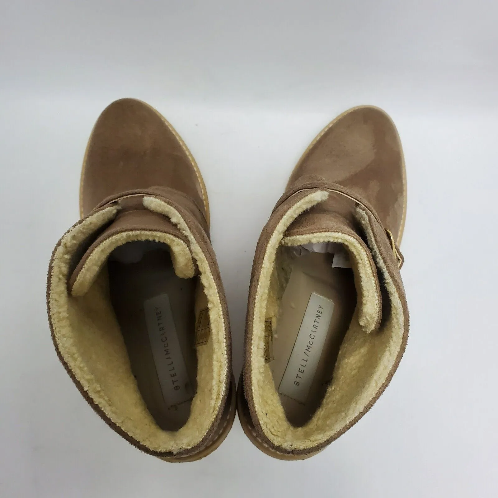 Stella McCartney Beige Suede Faux Shearling Lined Gum Wedge Ankle Boot Size 40 - Image 4