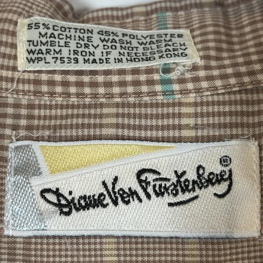 Diane Von Furstenberg Brown Plaid Easter Colors Purple Pink Teal Button Blouse - Image 5