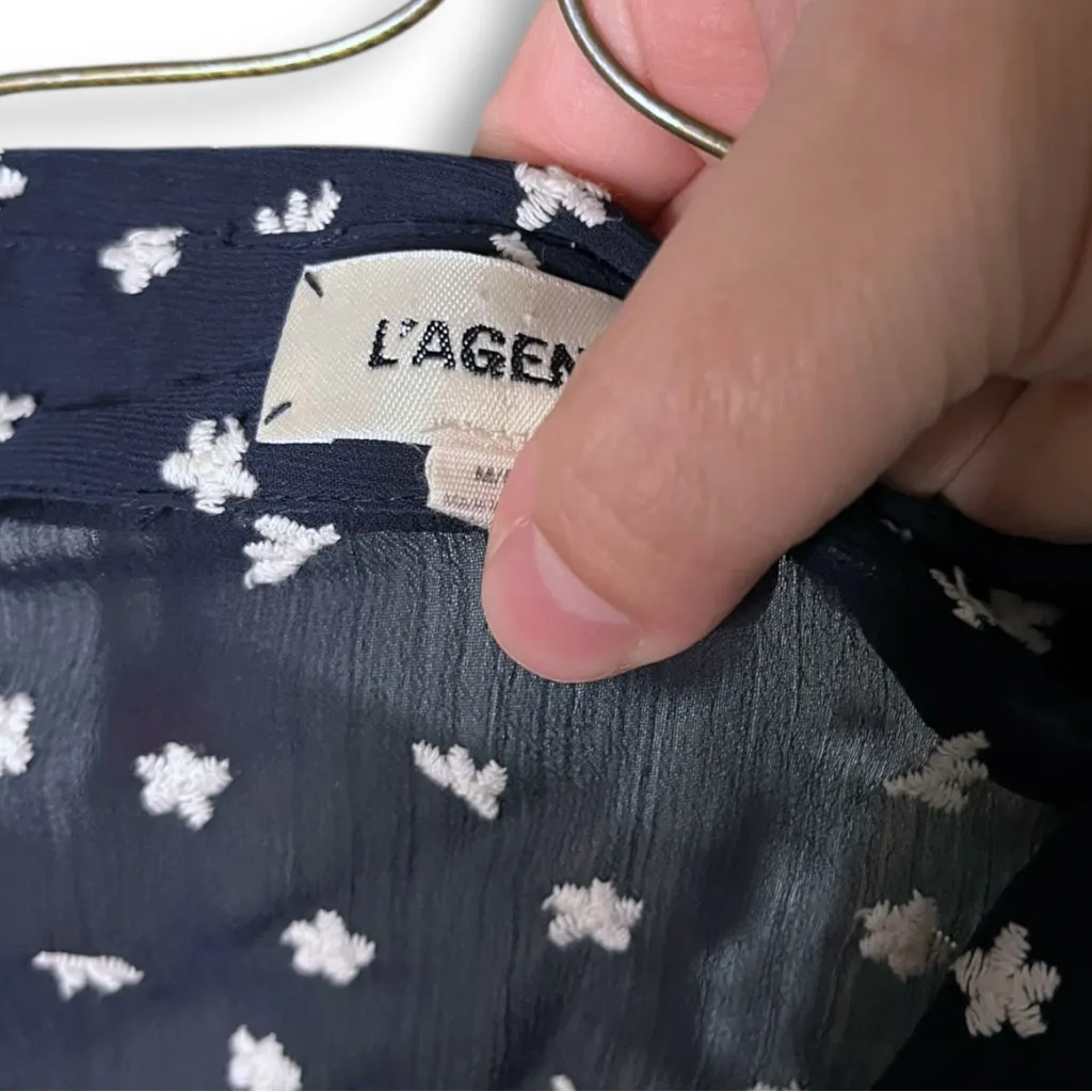 L’Agence Floral Embroidered Sheer Button Down Blouse Navy Blue Medium - Image 6