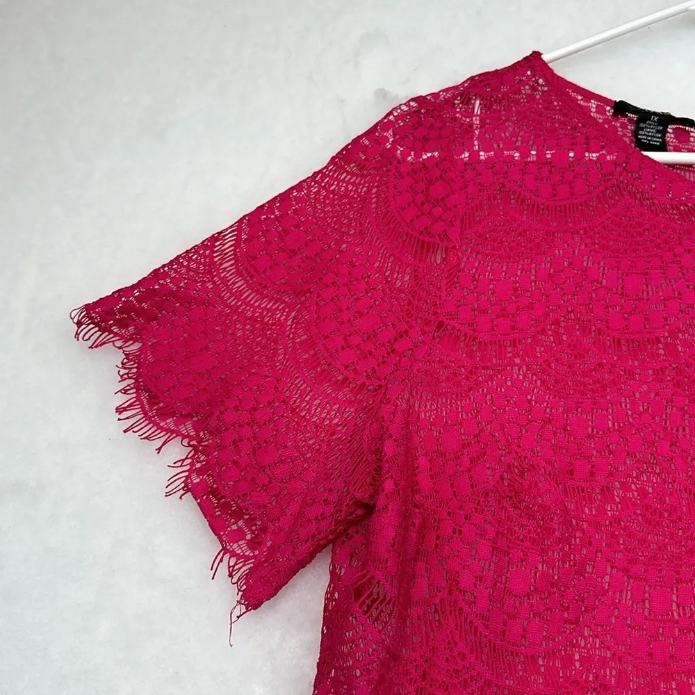 Hot Pink Short Sleeves Crew Neck Lace Top Sz 1X - Image 3