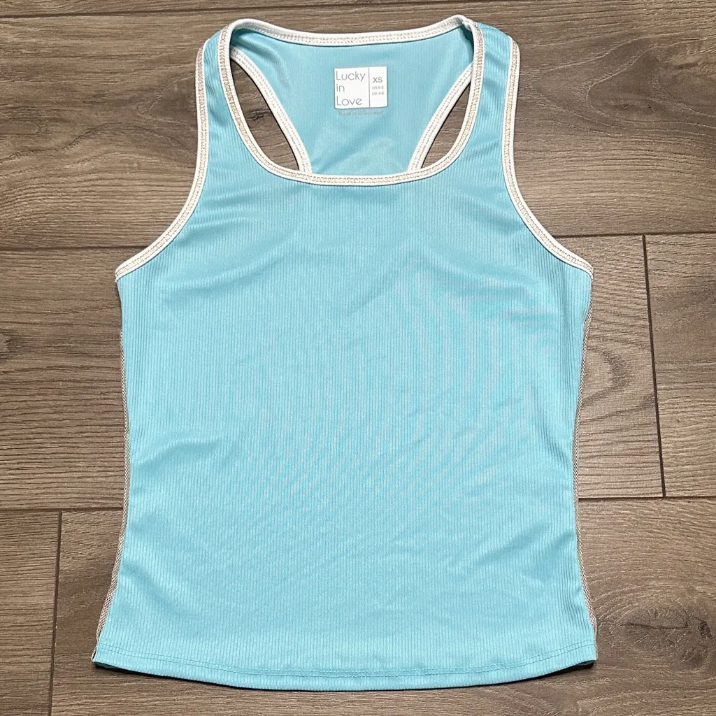 NWOT Lucky In Love Racer Back Crop Tennis Tank Top Turquoise Blue Size XS - Image 4