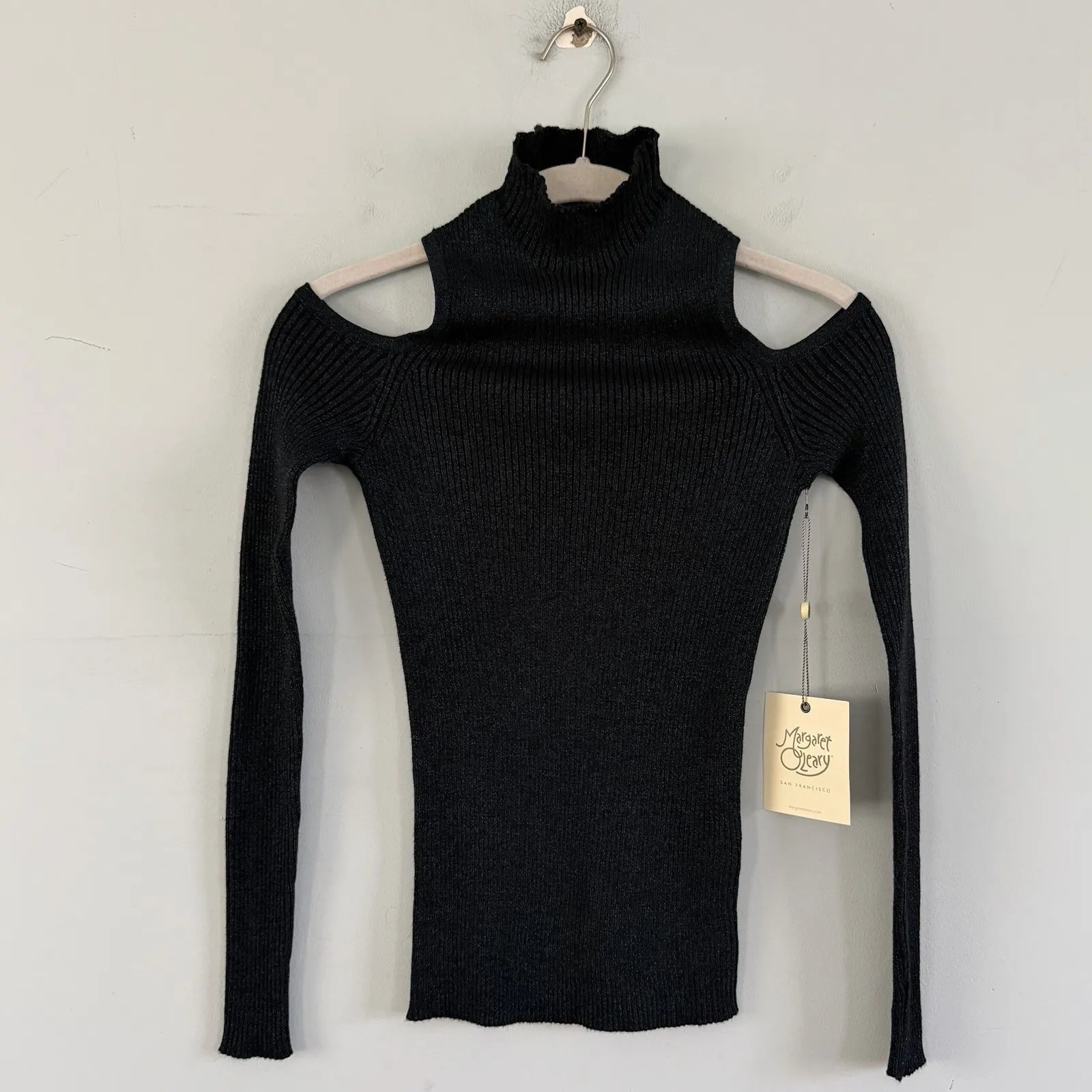 NWT Margaret O'Leary Cold Shoulder Ribbed Blue Metallic Sweater - Image 2