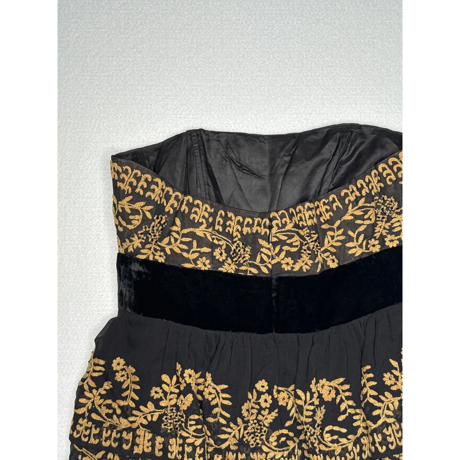 Plenty Tracy Reece silk strapless gold black velvet beaded tiered formal top 8 - Image 8