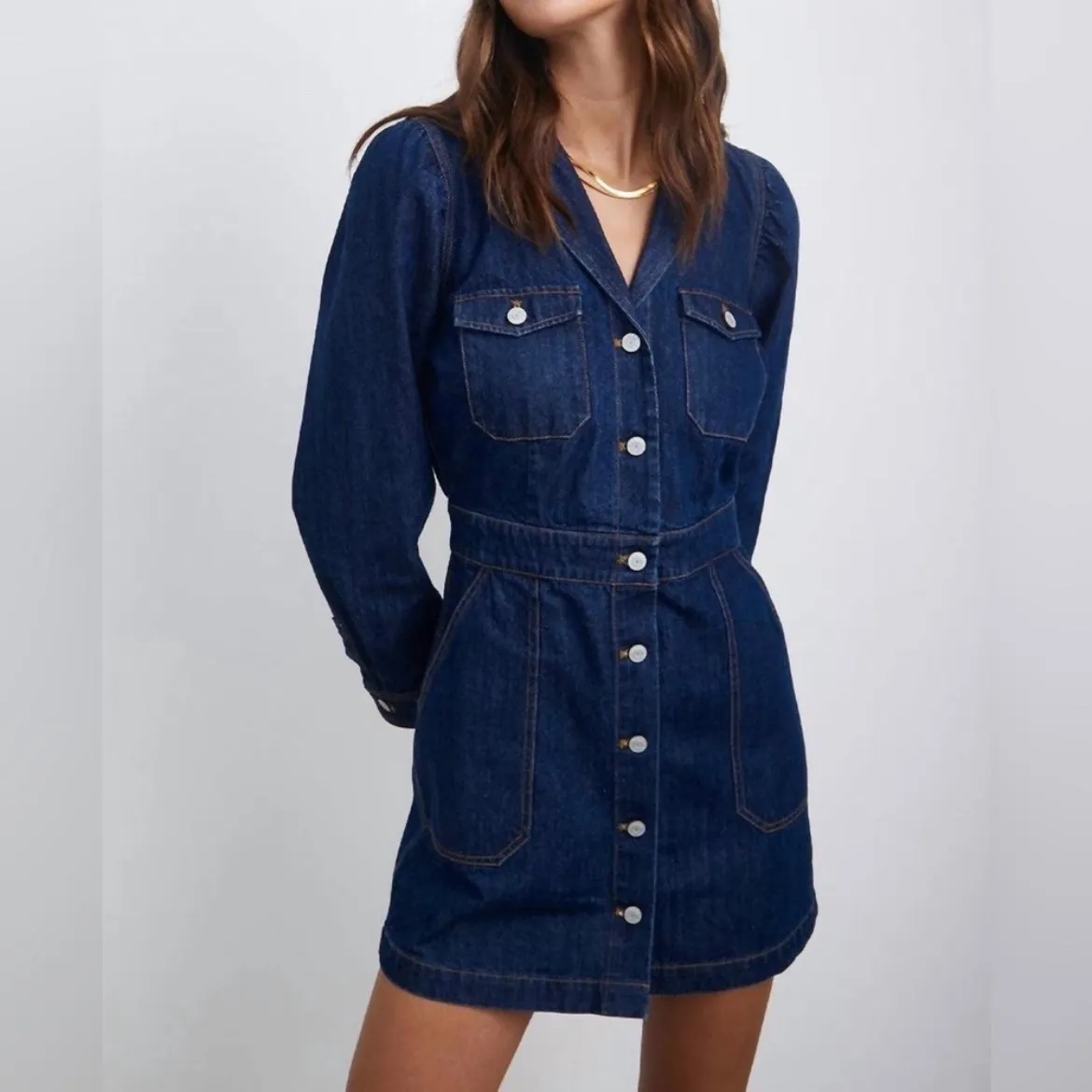 Rails Lisette Raw Denim Mini Dress Long Sleeve Button Down Shirt Dress - Image 3