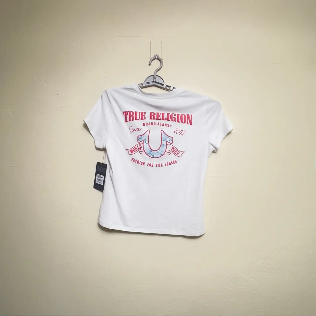 True Religion Women Tropical Denim‎ neck tee Sz large True Logo V Tee white - Image 5