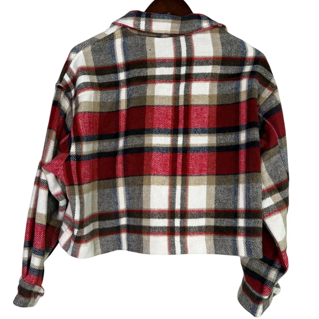 ZARA Cropped Oversized Plaid Shacket Jacket Button Down Pockets XS Red White - Image 4