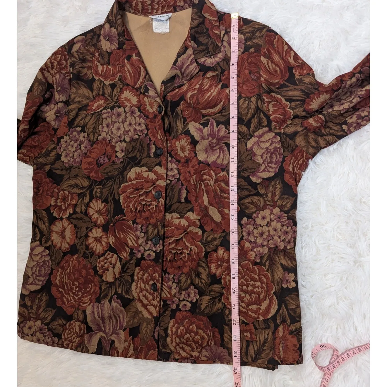 90s Vintage Fall Floral Top Shaket by Bon Worth Brown Black and Tan Size M - Image 8
