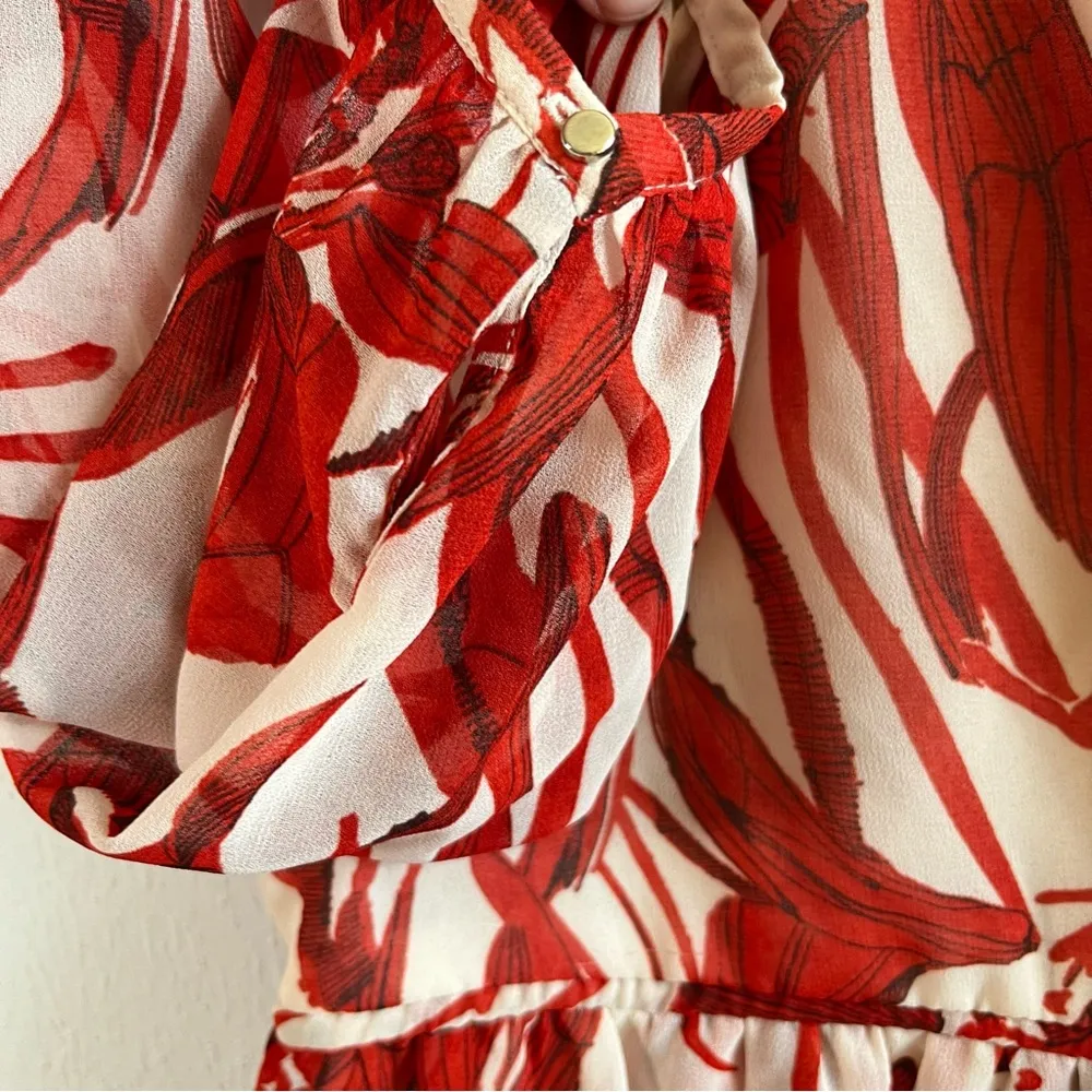 Max Studio Dress/ Cover Up Floral Red & Cream Mini Long Sleeve Chiffon Sz S NWT - Image 7