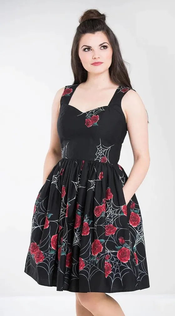 Hell Bunny Dress Womens Medium Black Sabrina 50's A-Line Spiderweb Rose Cotton - Image 1