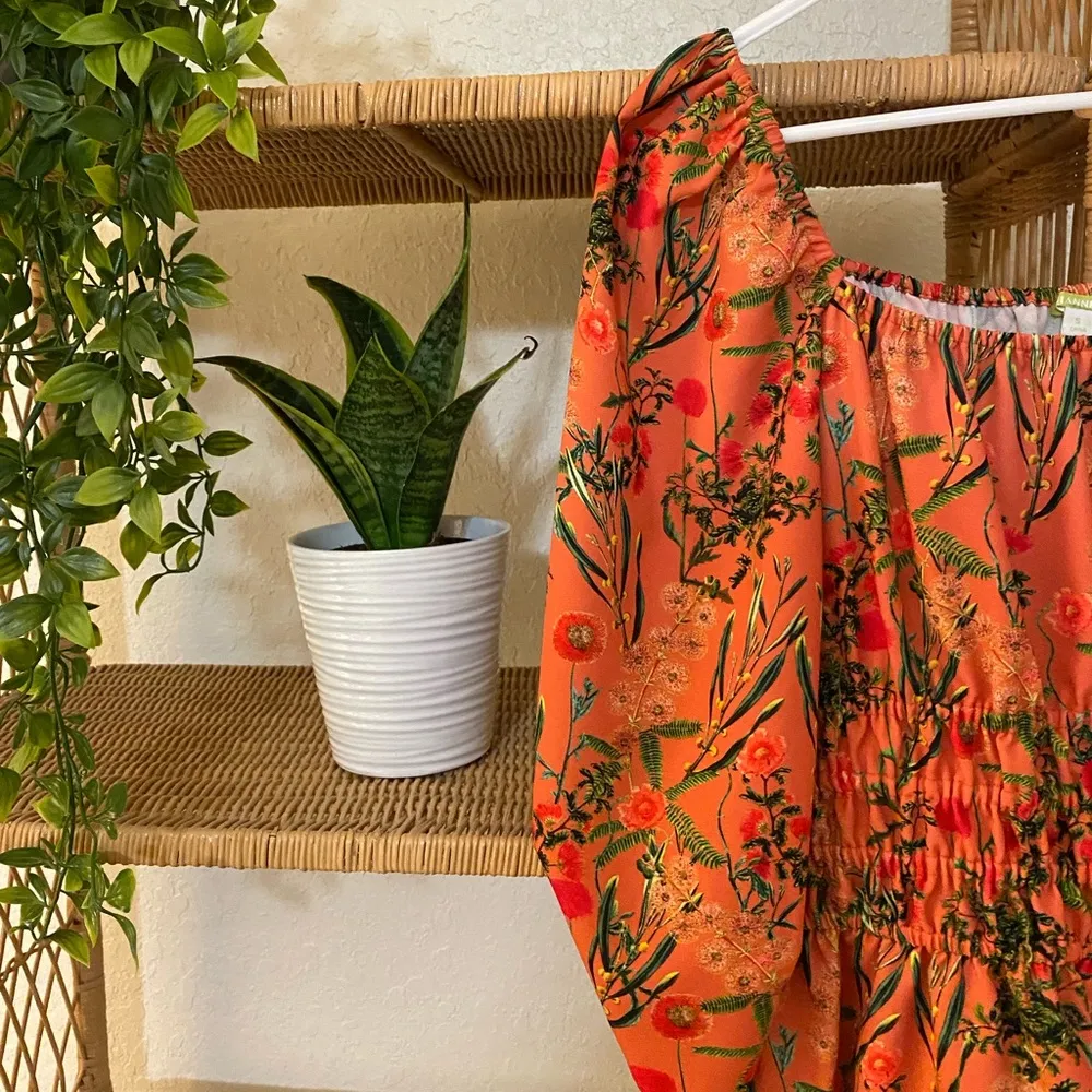 Boho Style Peach Floral Peasant Top Stretch Blouse Gianni Bini Sz Small LIKE NEW - Image 2