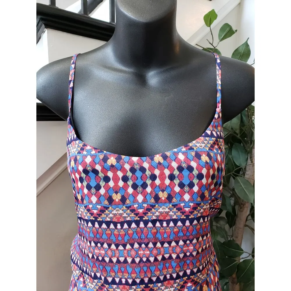 City Triangles Long Maxi Dress Womens Large Blue Pink Geo Print Criss Cross Back - Image 2