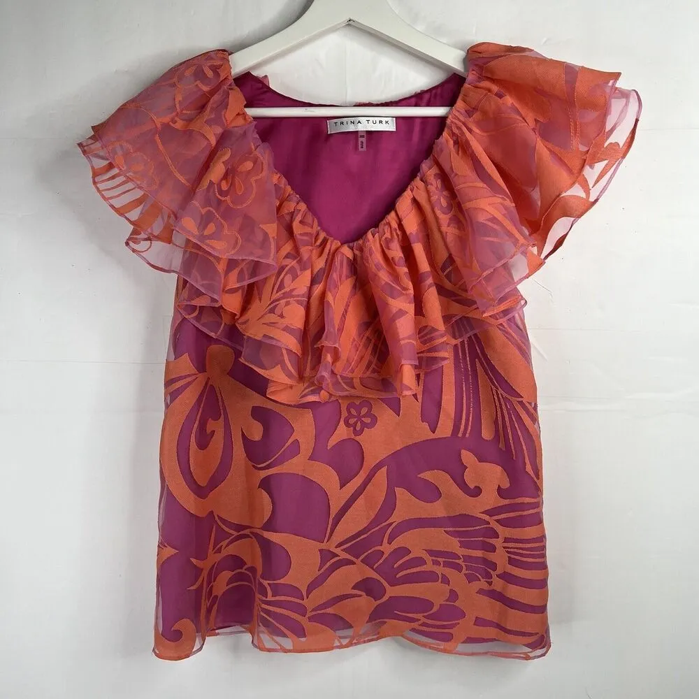 Trina Turk Sz XS Holly Top V-Neck Full Top Ruffle Feminine Coral Hyacinth Floral - Image 4