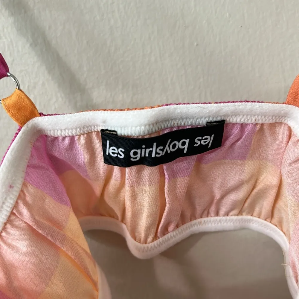 Les Girls Les Boys ruched cotton bandeau crop in giant gingham print NWT Sz M Orange Size M - Image 6