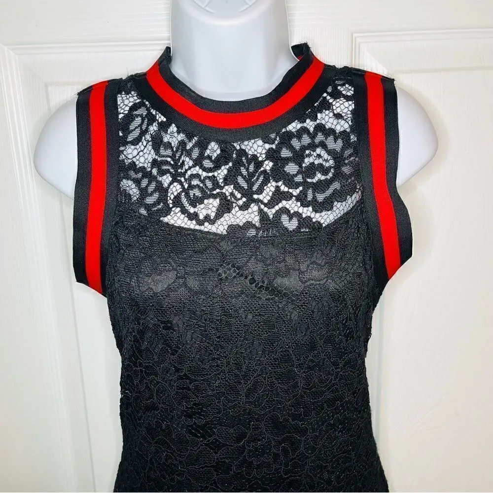 BAKU Fitted Black Lace Midi Dress Red Stripe Trim S - Image 2