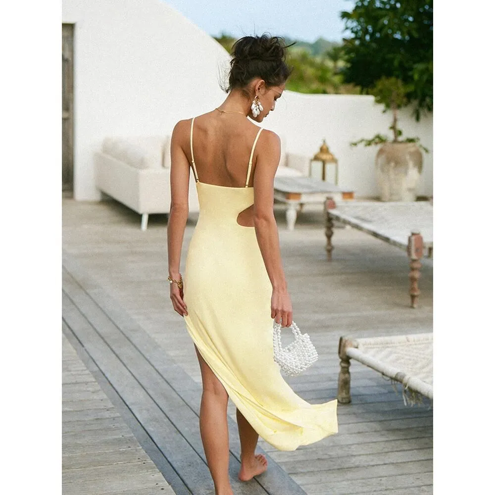 Commense Maxi Dress Women's Medium Yellow Asymmetrical Split Thigh Cutout Long - Image 2