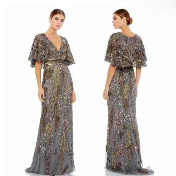 Mac Duggal 5439 Short Cape Flutter Sleeve Sequined Gown in Charcoal, Size 4 - Image 2