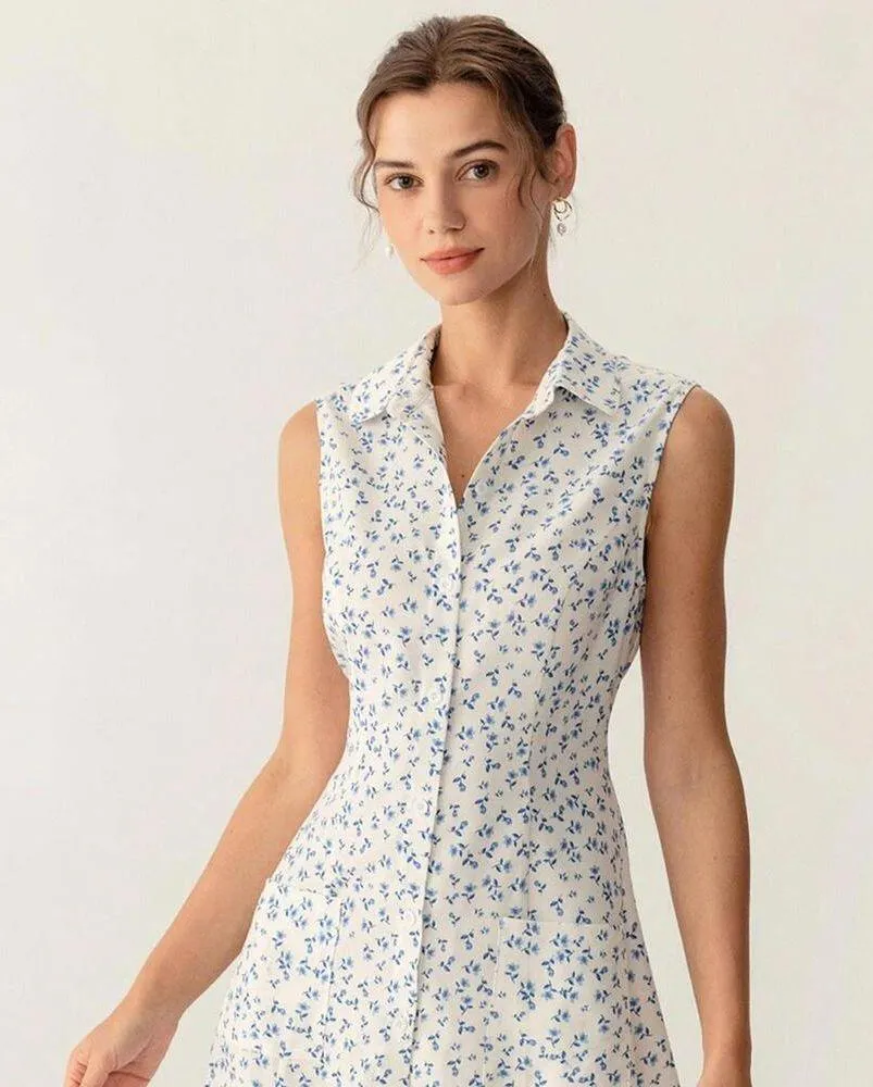 RIHOAS Blue Floral Pocket Sleeveless Mini Dress S - Image 3