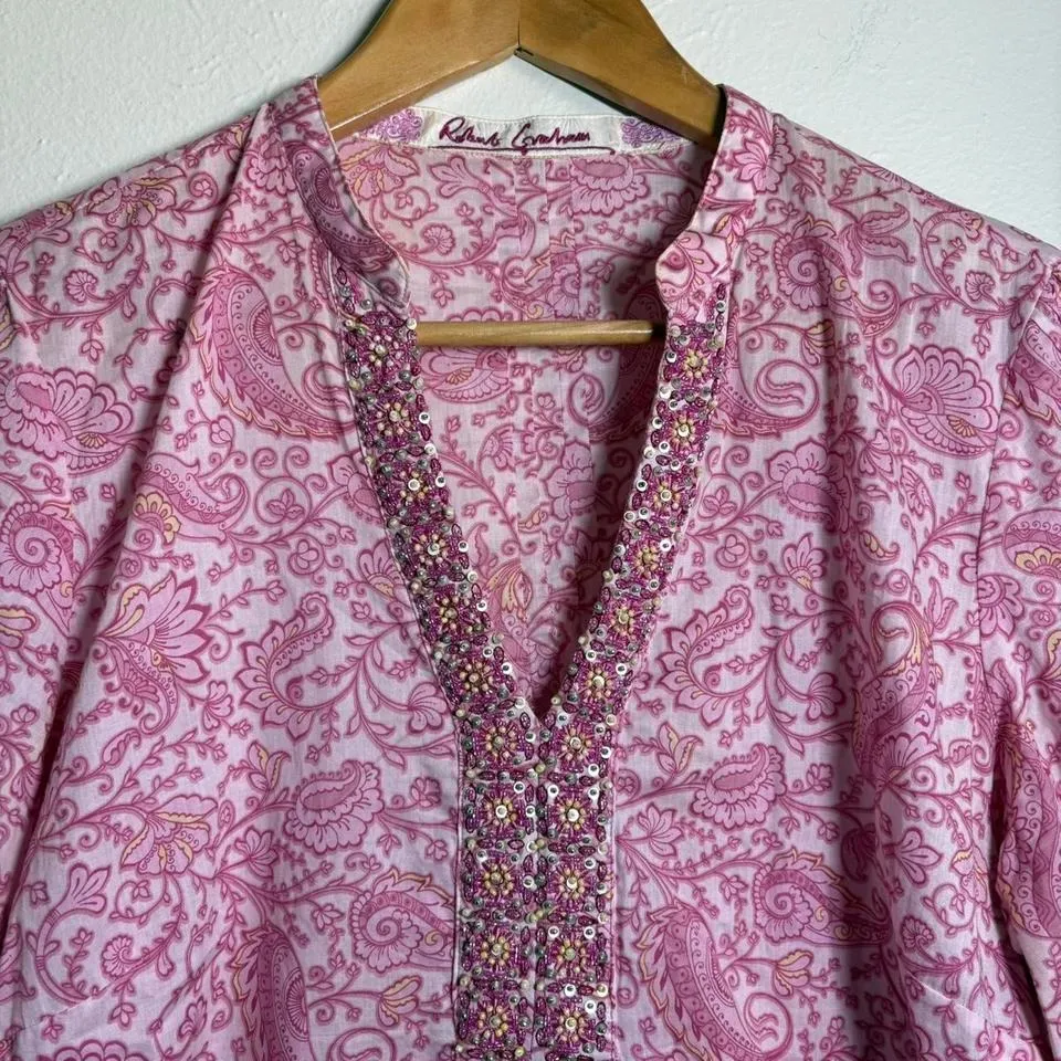 Robert Graham Women's Large Pink Paisley Beaded Tunic Top Boho V-Neck Artsy - Image 2